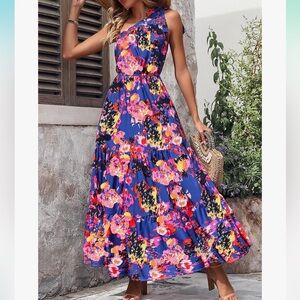 Blue Sleeveless One Shoulder Sundress